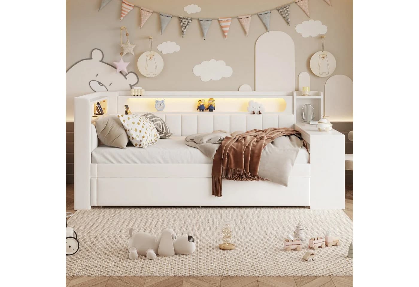 Flieks Daybett Polsterbett 90x200cm mit Ausziehbett USB LED Schreibtisch - Bild 3