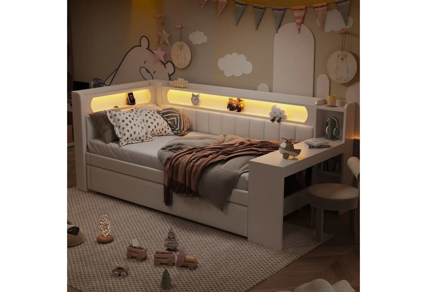 Flieks Daybett Polsterbett 90x200cm mit Ausziehbett USB LED Schreibtisch - Bild 4