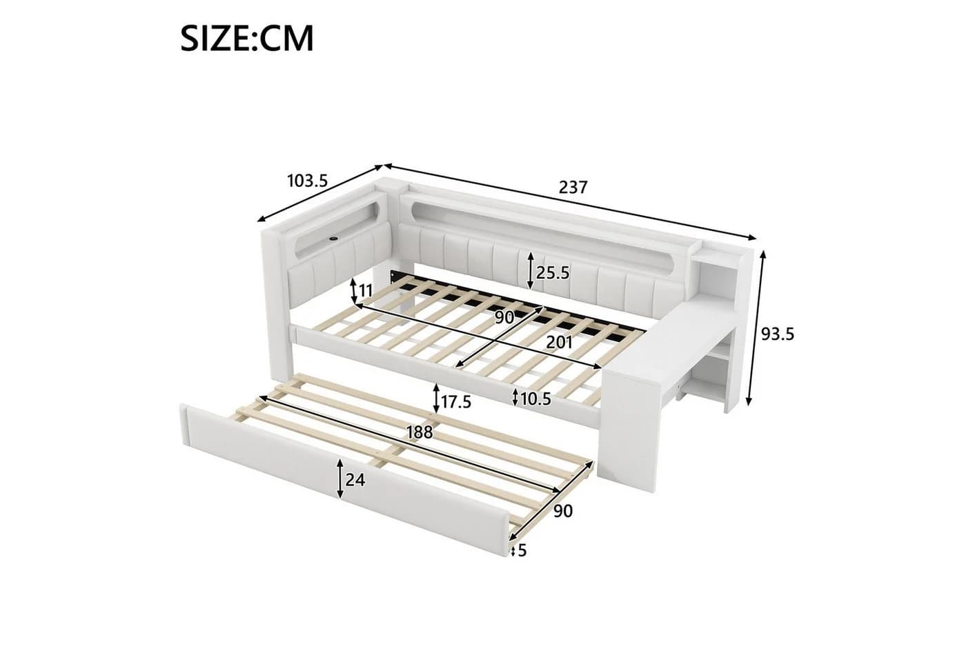 Flieks Daybett Polsterbett 90x200cm mit Ausziehbett USB LED Schreibtisch - Bild 5