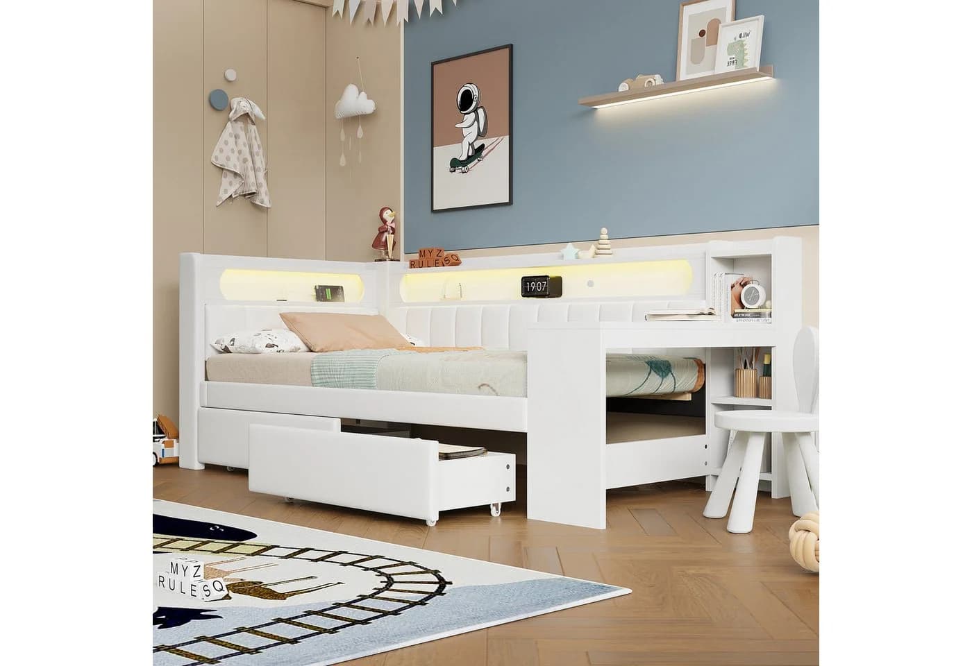 Flieks Daybett Polsterbett 90x200cm mit 2 Schubladen, USB, LED und Schreibtisch