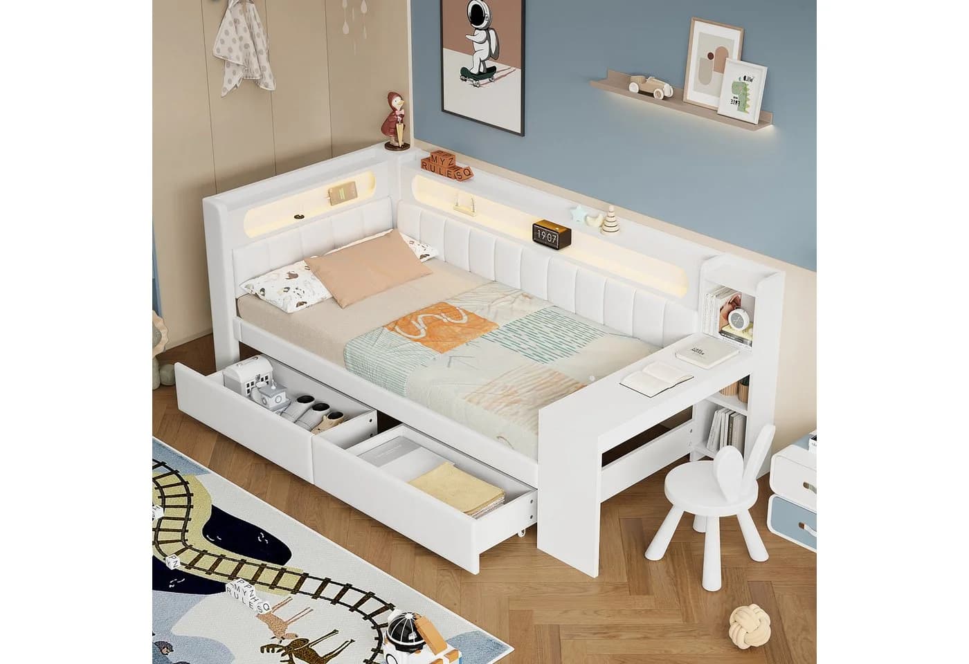 Flieks Daybett Polsterbett 90x200cm mit 2 Schubladen, USB, LED und Schreibtisch - Bild 2