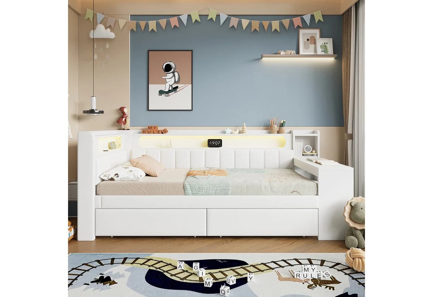 Flieks Daybett Polsterbett 90x200cm mit 2 Schubladen, USB, LED und Schreibtisch - Bild 3