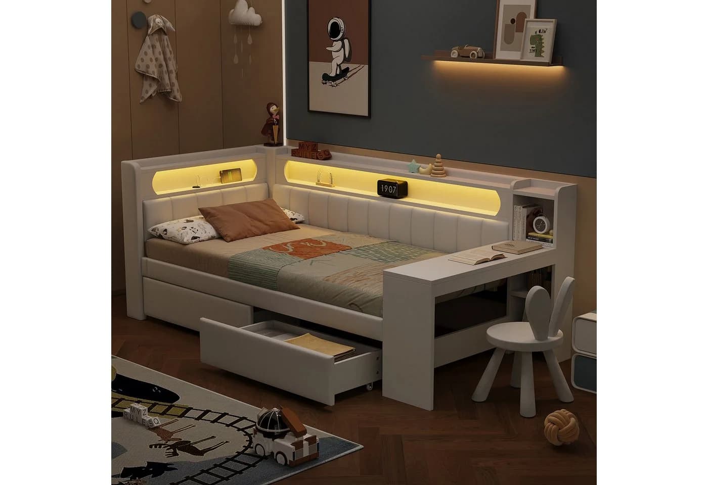 Flieks Daybett Polsterbett 90x200cm mit 2 Schubladen, USB, LED und Schreibtisch - Bild 4