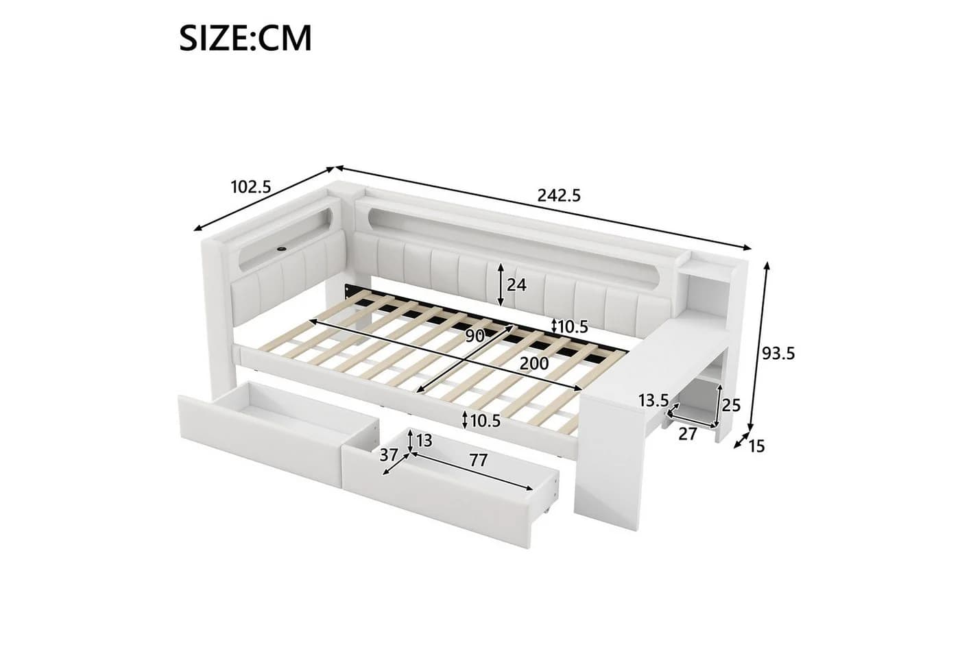 Flieks Daybett Polsterbett 90x200cm mit 2 Schubladen, USB, LED und Schreibtisch - Bild 5