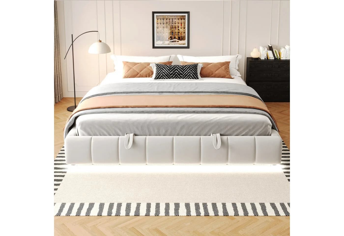 Flieks Polsterbett Hydraulisches Stauraumbett Beige Samt LED - Bild 3