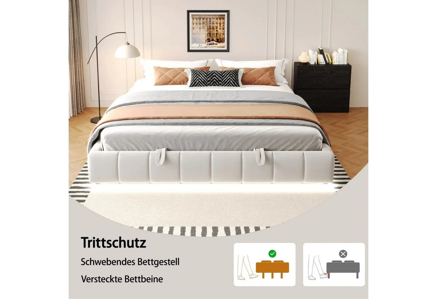 Flieks Polsterbett Hydraulisches Stauraumbett Beige Samt LED - Bild 5