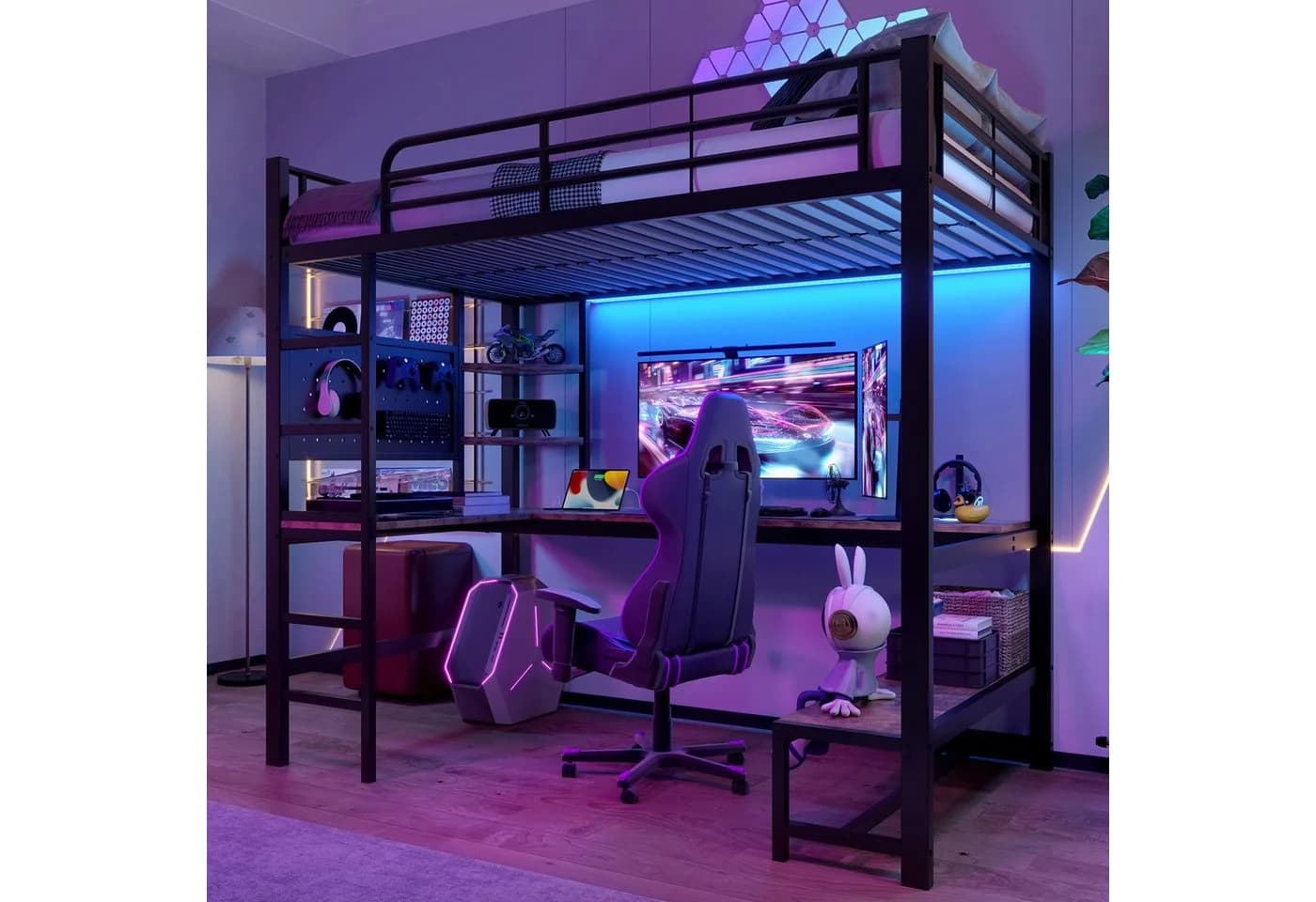 Flieks Hochbett Metallbett 90x200cm mit LED, USB und Schreibtisch - Bild 2