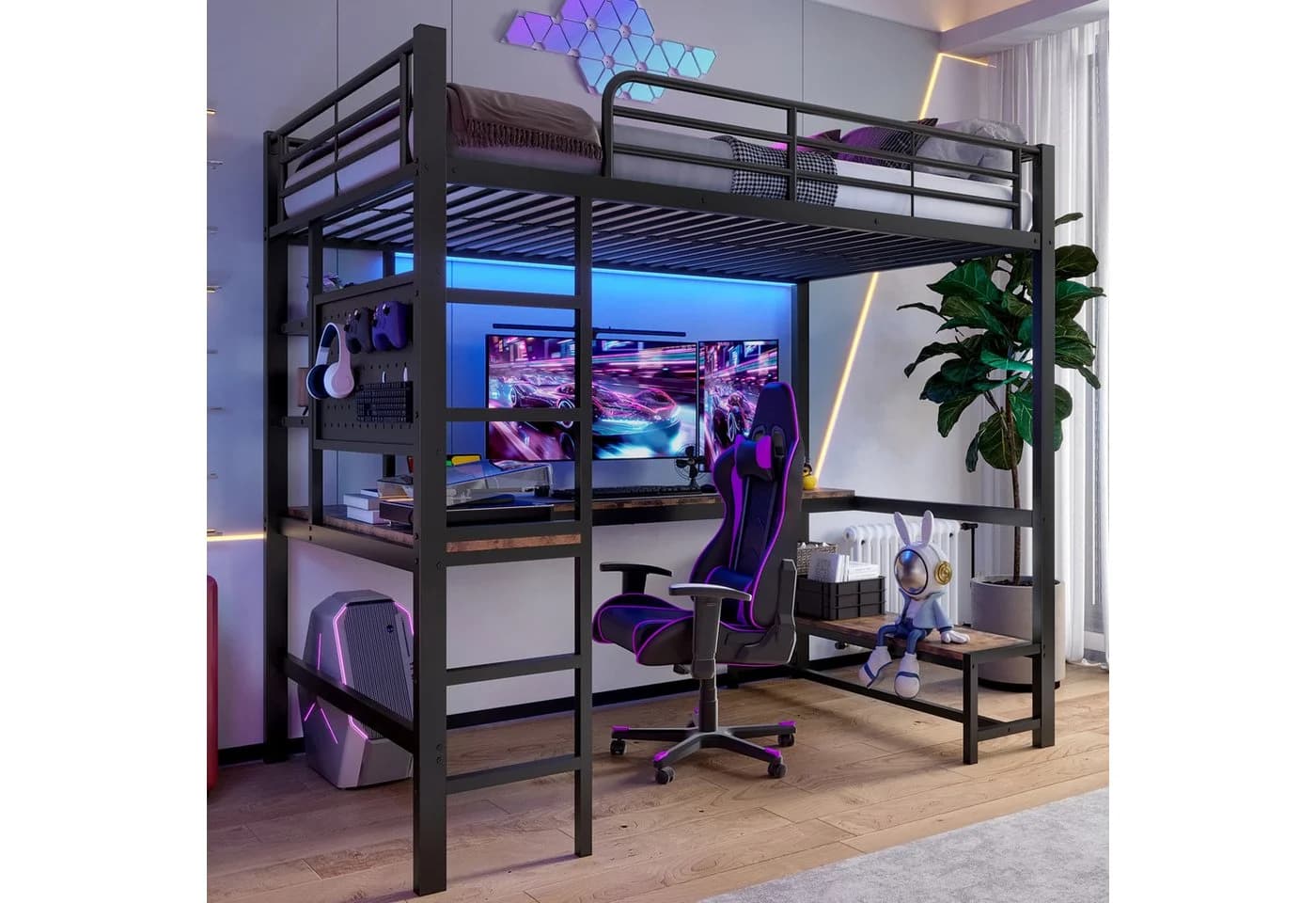 Flieks Hochbett Metallbett 90x200cm mit LED, USB und Schreibtisch - Bild 3