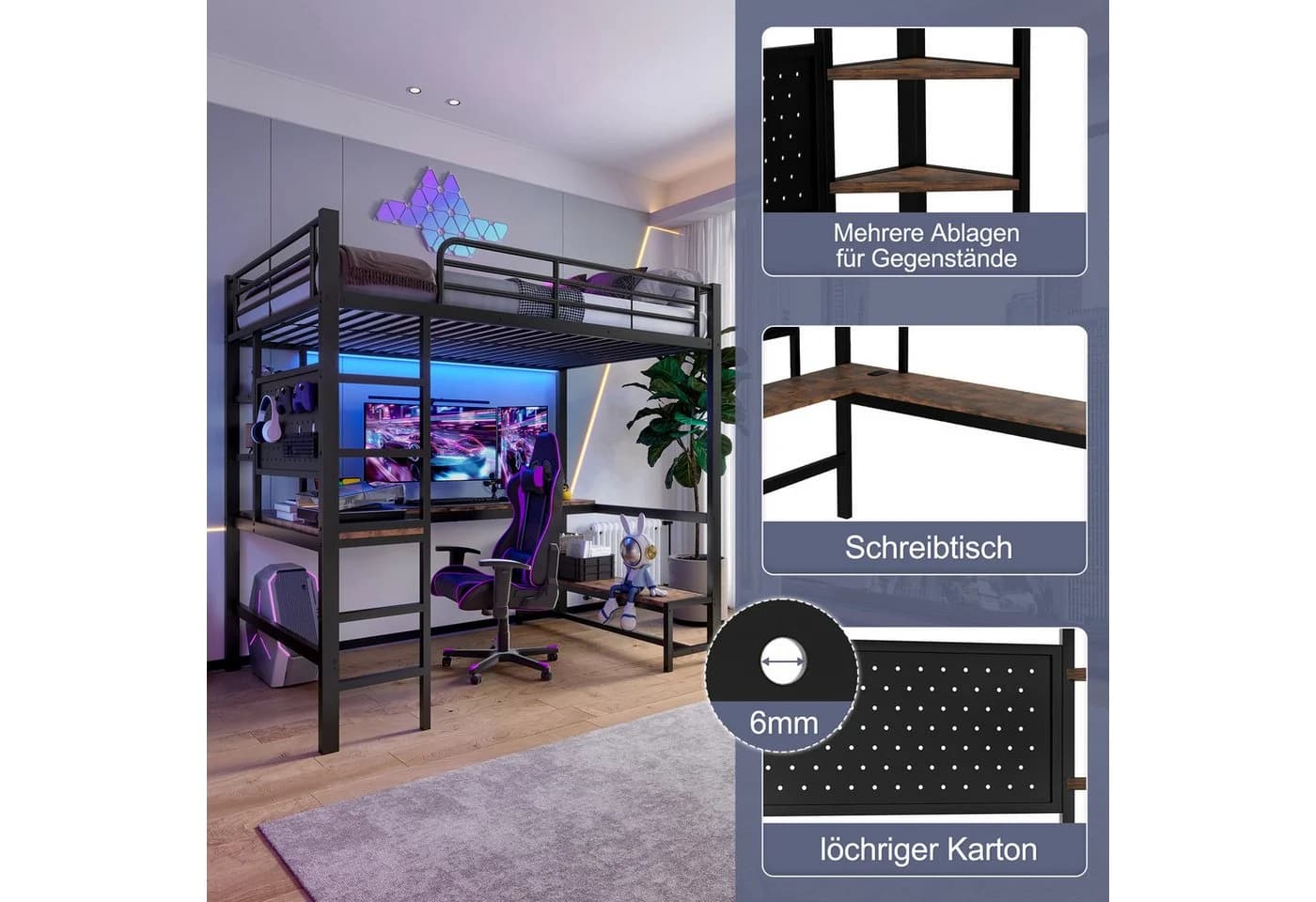 Flieks Hochbett Metallbett 90x200cm mit LED, USB und Schreibtisch - Bild 5