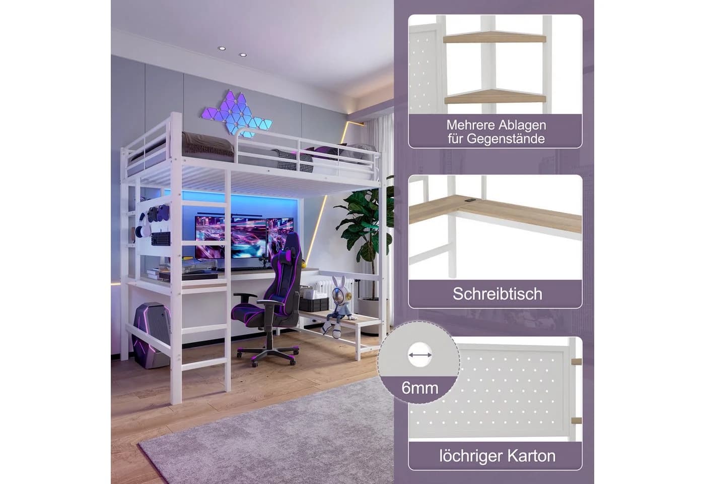 Flieks Hochbett Metall mit LED, USB & Schreibtisch - Bild 5