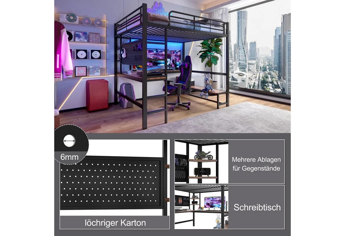 Flieks Hochbett Metall mit LED, USB und Schreibtisch - Bild 5