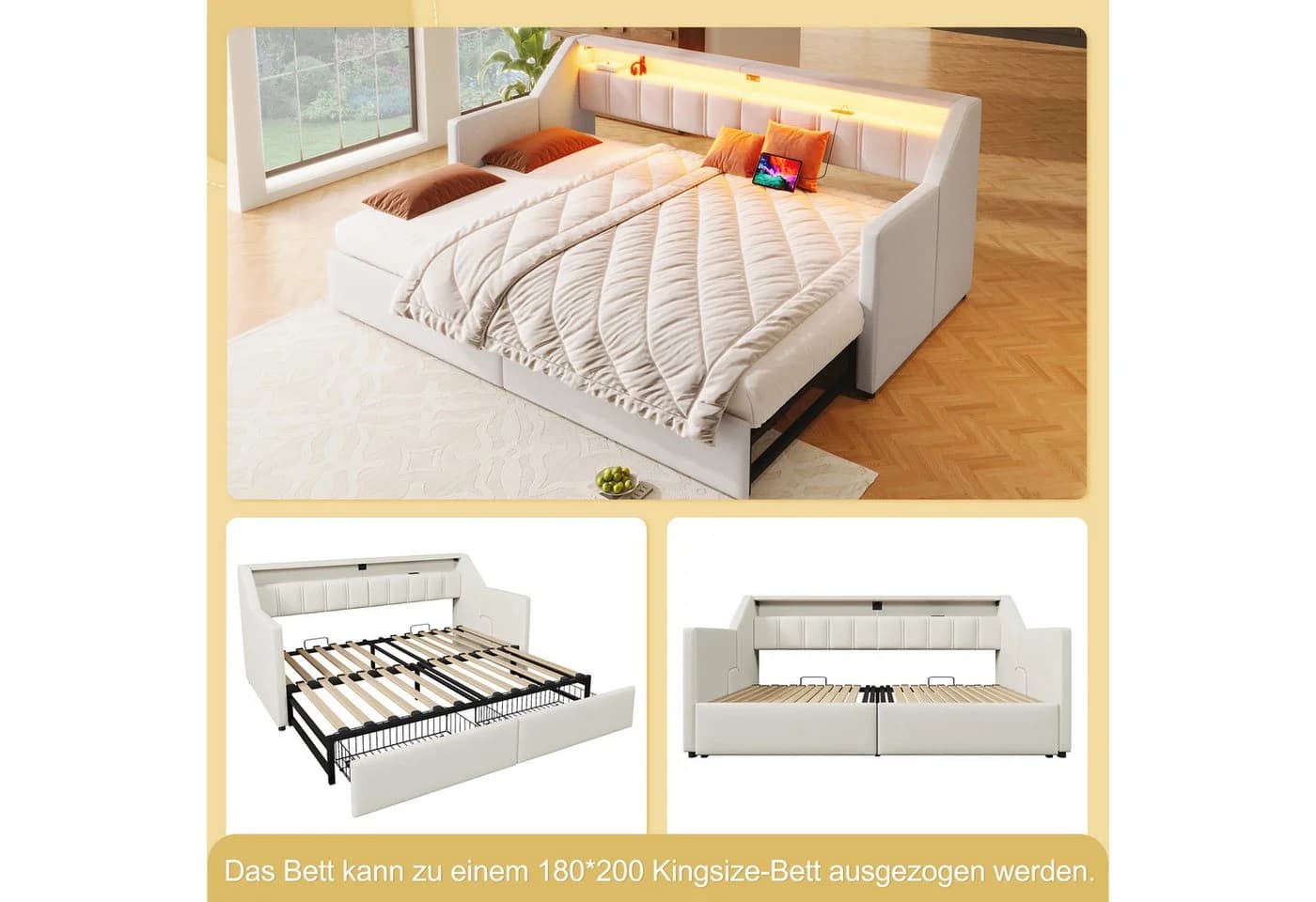 Flieks Daybett Polsterbett 90/180x200cm mit USB-Ladefunktion, LED-Leiste und 2 Schubladen - Bild 4