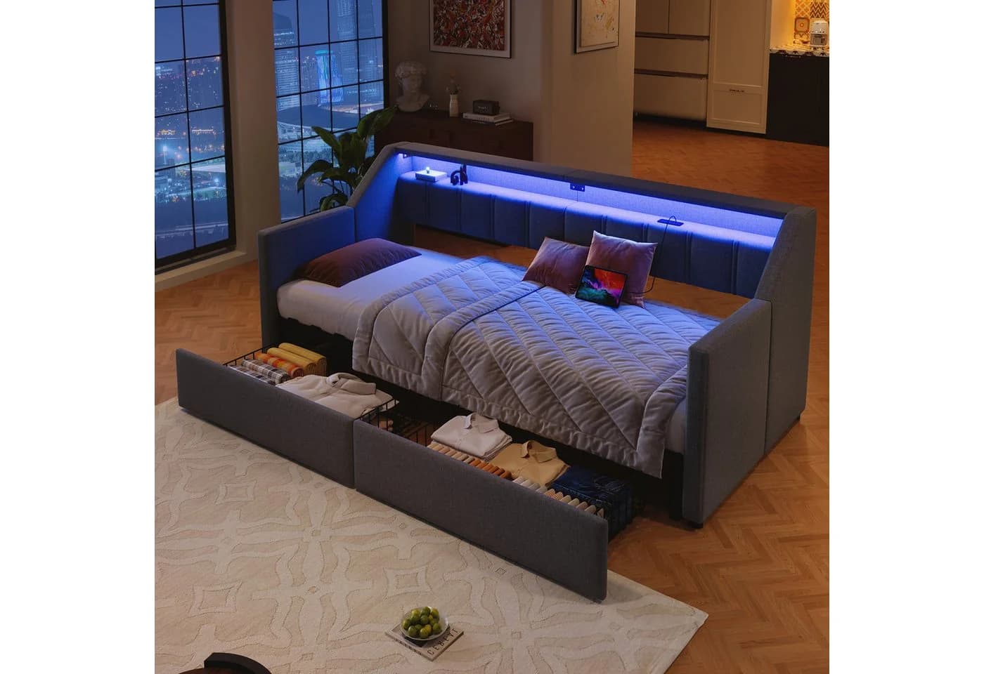Flieks Daybett Polsterbett 90/180x200cm mit USB-Aufladen, LED-Leiste und 2 Schubladen