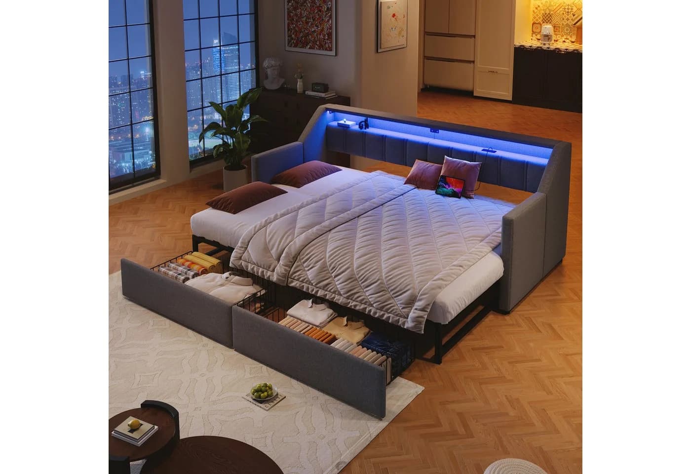 Flieks Daybett Polsterbett 90/180x200cm mit USB-Aufladen, LED-Leiste und 2 Schubladen - Bild 2