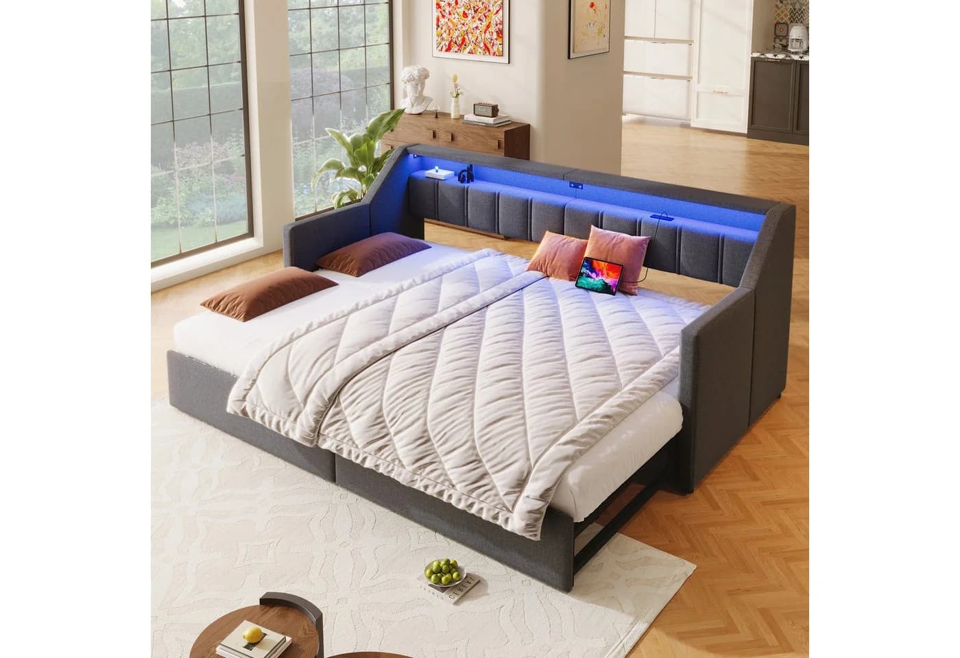 Flieks Daybett Polsterbett 90/180x200cm mit USB-Aufladen, LED-Leiste und 2 Schubladen - Bild 3