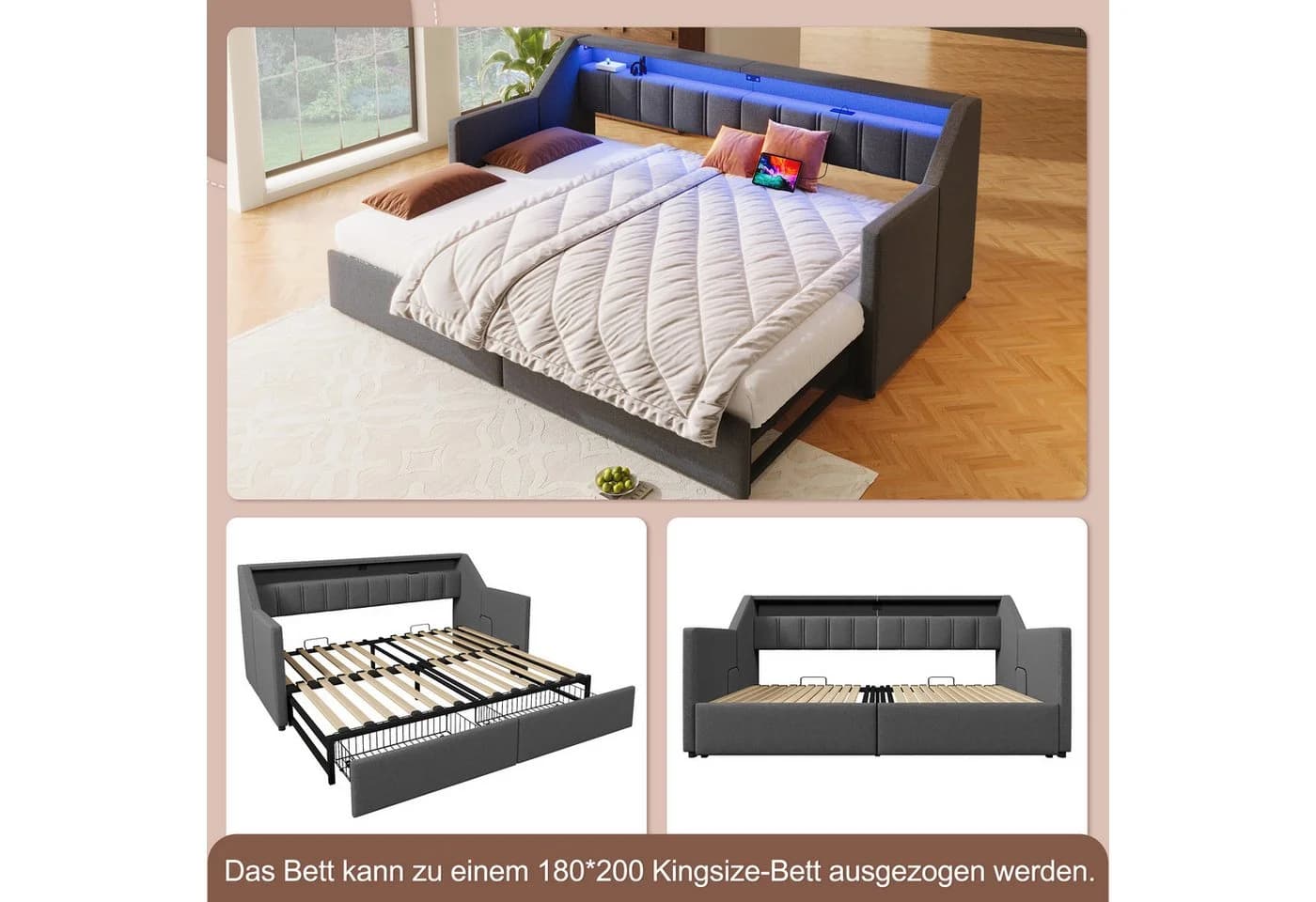 Flieks Daybett Polsterbett 90/180x200cm mit USB-Aufladen, LED-Leiste und 2 Schubladen - Bild 4