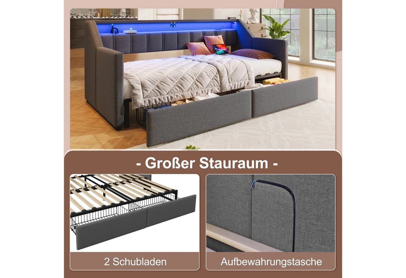 Flieks Daybett Polsterbett 90/180x200cm mit USB-Aufladen, LED-Leiste und 2 Schubladen - Bild 5