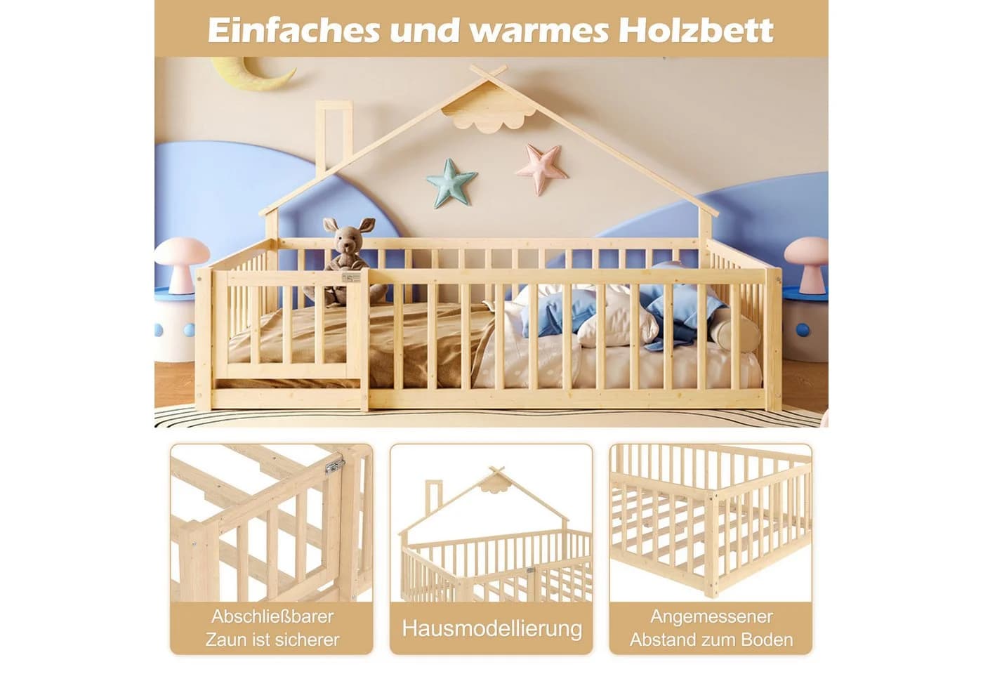 Flieks Kinderbett Bodenbett mit Geländer Kiefernholz - Bild 3