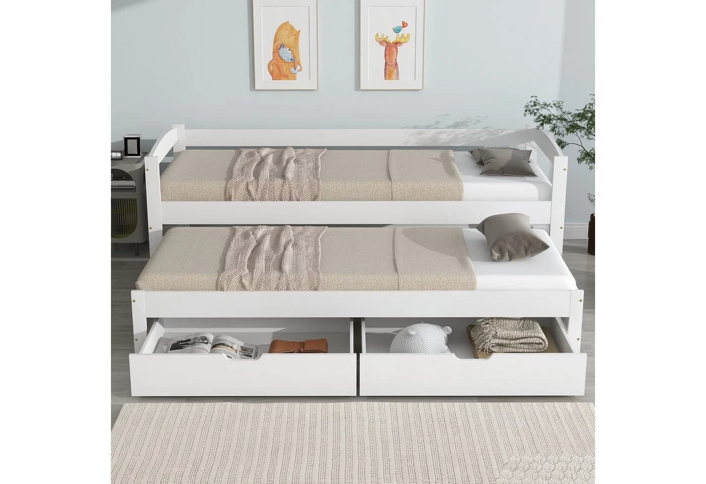 Flieks Kinderbett mit Schiebebett und Schubladen Weiß