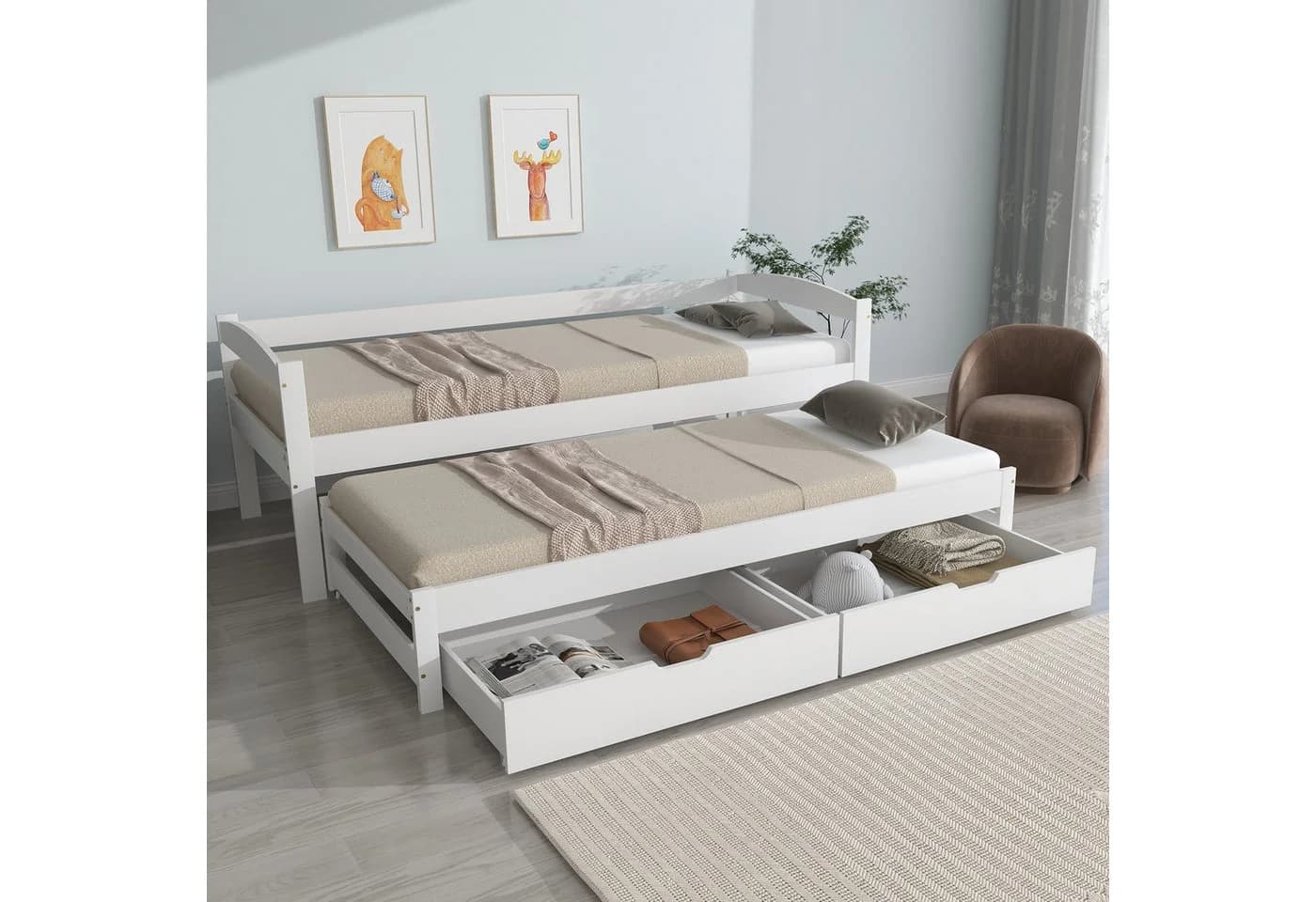 Flieks Kinderbett mit Schiebebett und Schubladen Weiß - Bild 2