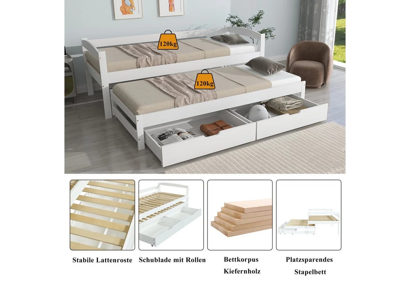 Flieks Kinderbett mit Schiebebett und Schubladen Weiß - Bild 5