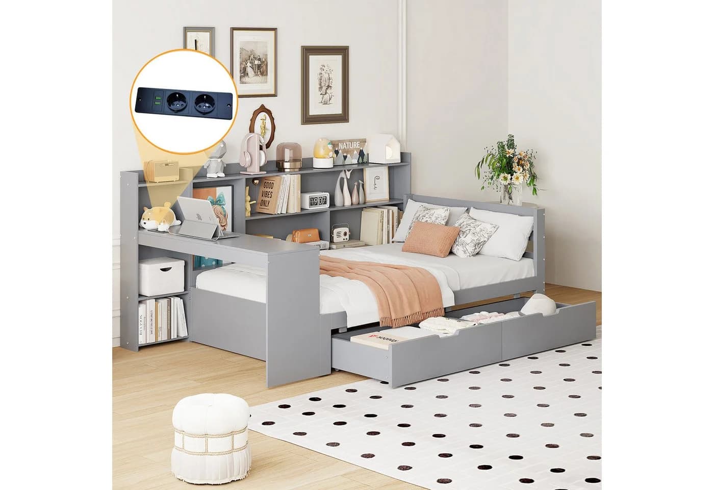 Flieks Massivholzbett Daybett Kinderbett 90x200 mit Schreibtisch und Schubladen