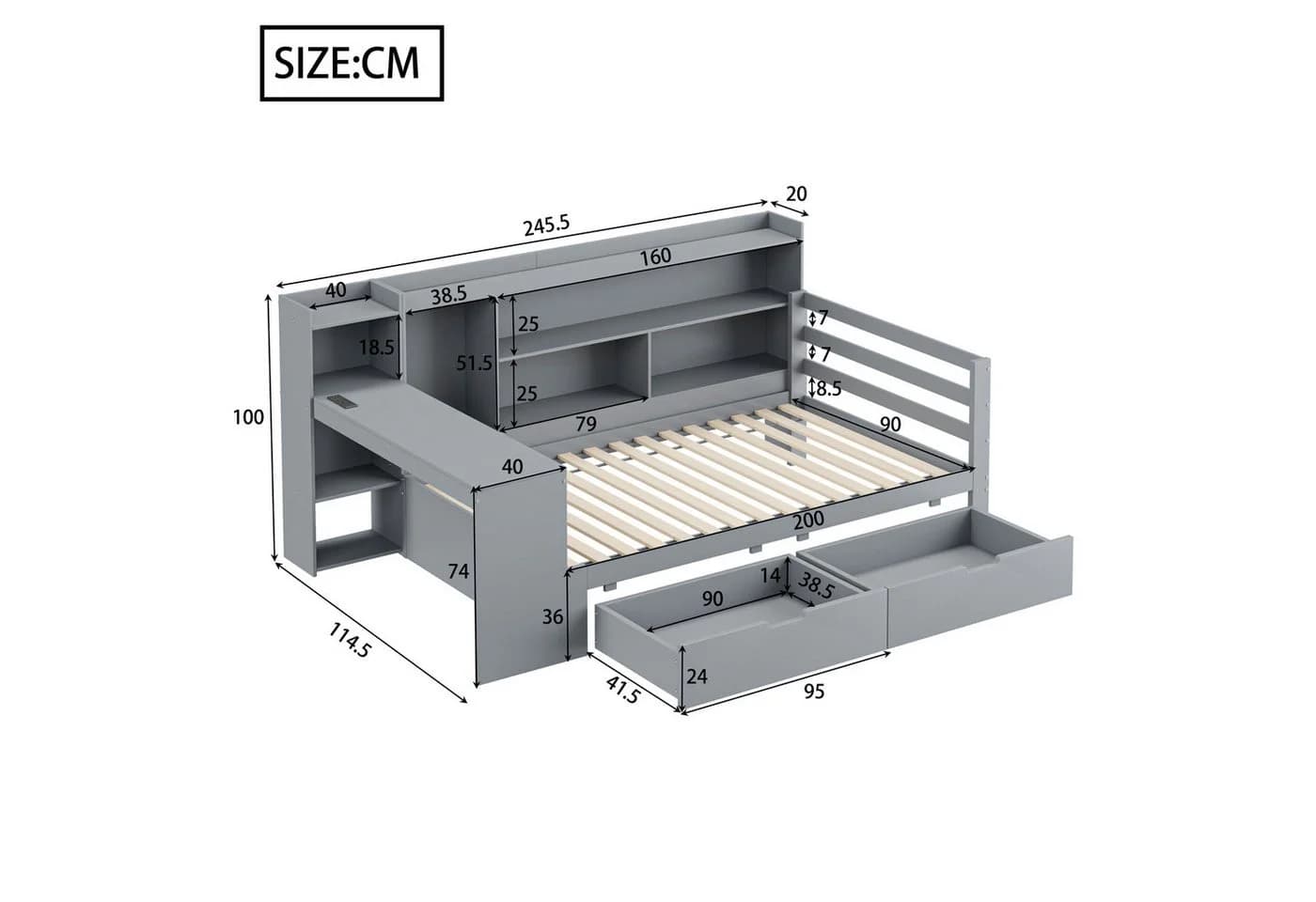 Flieks Massivholzbett Daybett Kinderbett 90x200 mit Schreibtisch und Schubladen - Bild 4