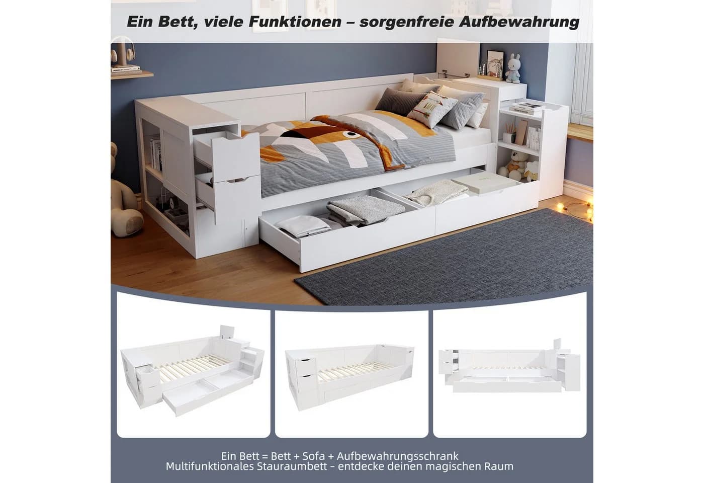 Flieks Kinderbett Stauraumbett mit Schubladen und Nachttisch - Bild 3