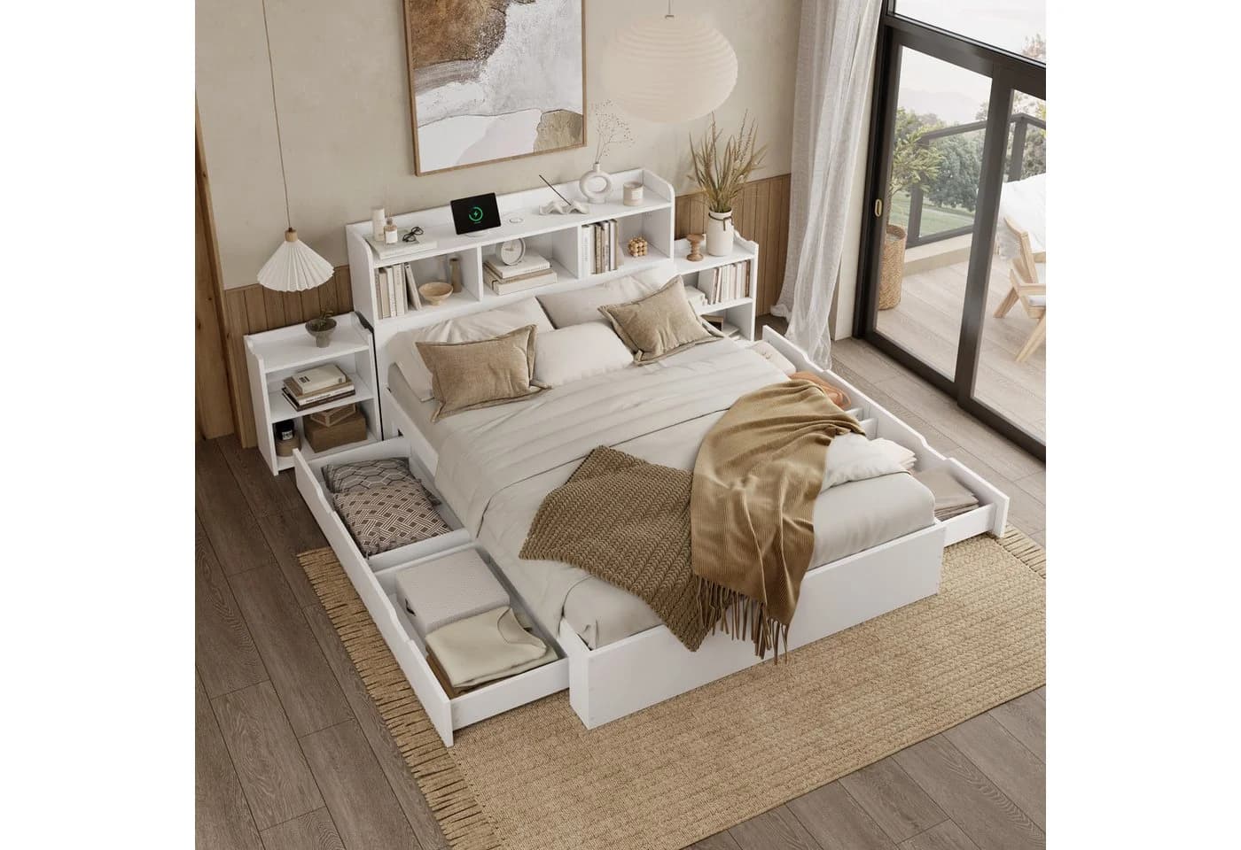 Flieks Doppelbett 140x200 mit 4 Schubladen und Nachttischen Weiß - Bild 2
