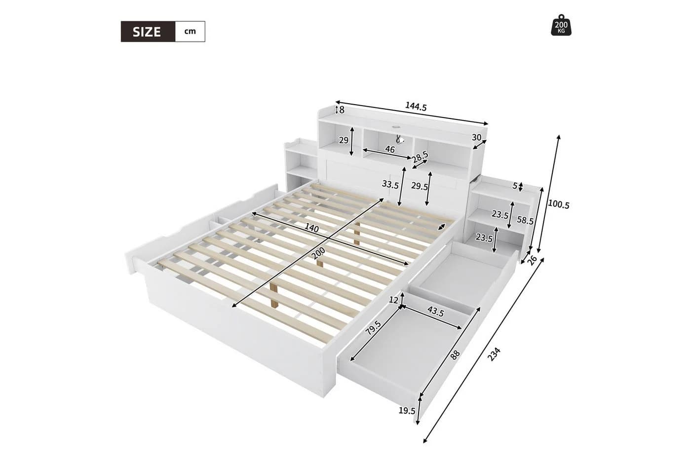 Flieks Doppelbett 140x200 mit 4 Schubladen und Nachttischen Weiß - Bild 5