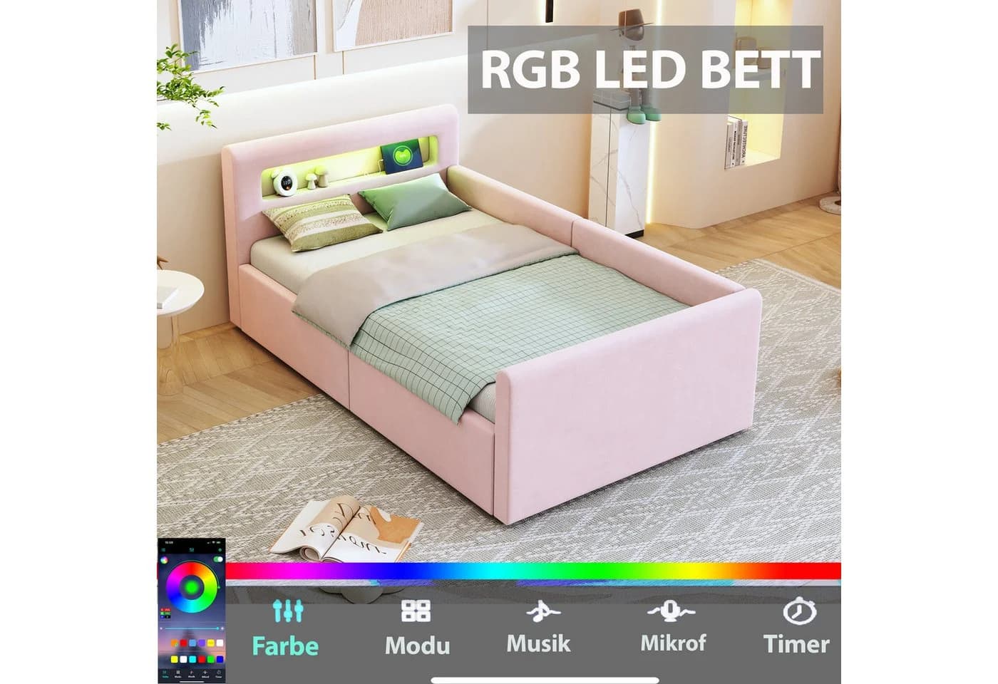 Flieks Polsterbett Hydraulisches Stauraumbett Kinderbett 90x200cm mit LED und USB/Typ-C