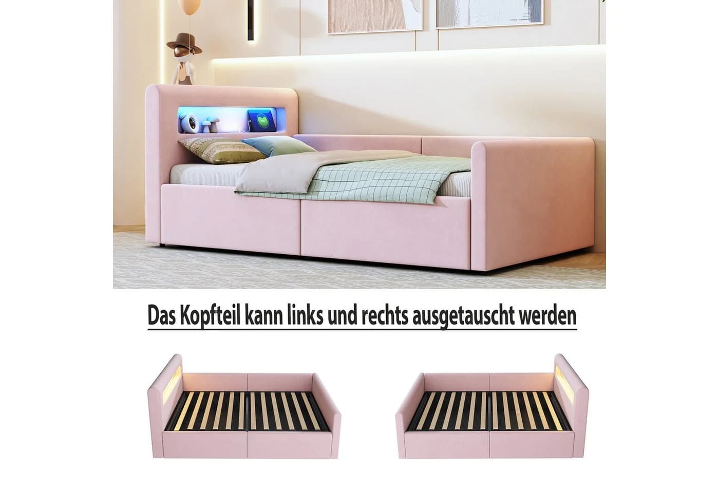 Flieks Polsterbett Hydraulisches Stauraumbett Kinderbett 90x200cm mit LED und USB/Typ-C - Bild 4