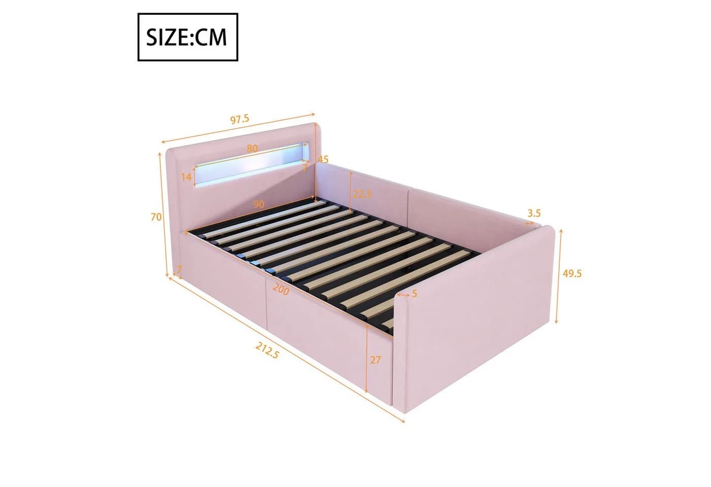 Flieks Polsterbett Hydraulisches Stauraumbett Kinderbett 90x200cm mit LED und USB/Typ-C - Bild 5