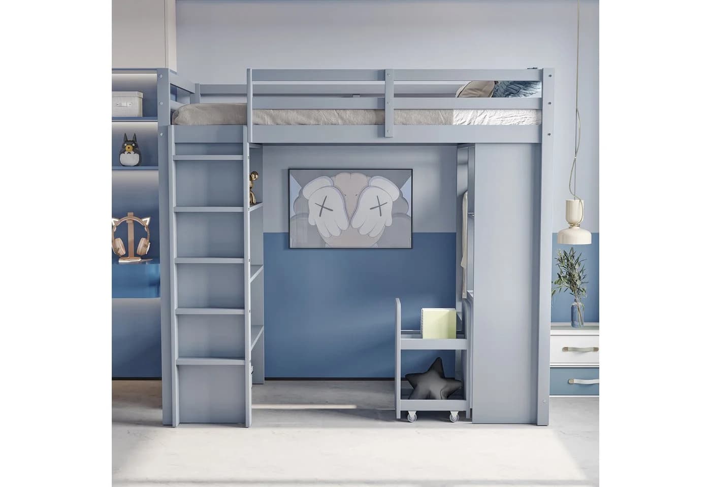 Flieks Hochbett Kinderbett grau mit Stauraum