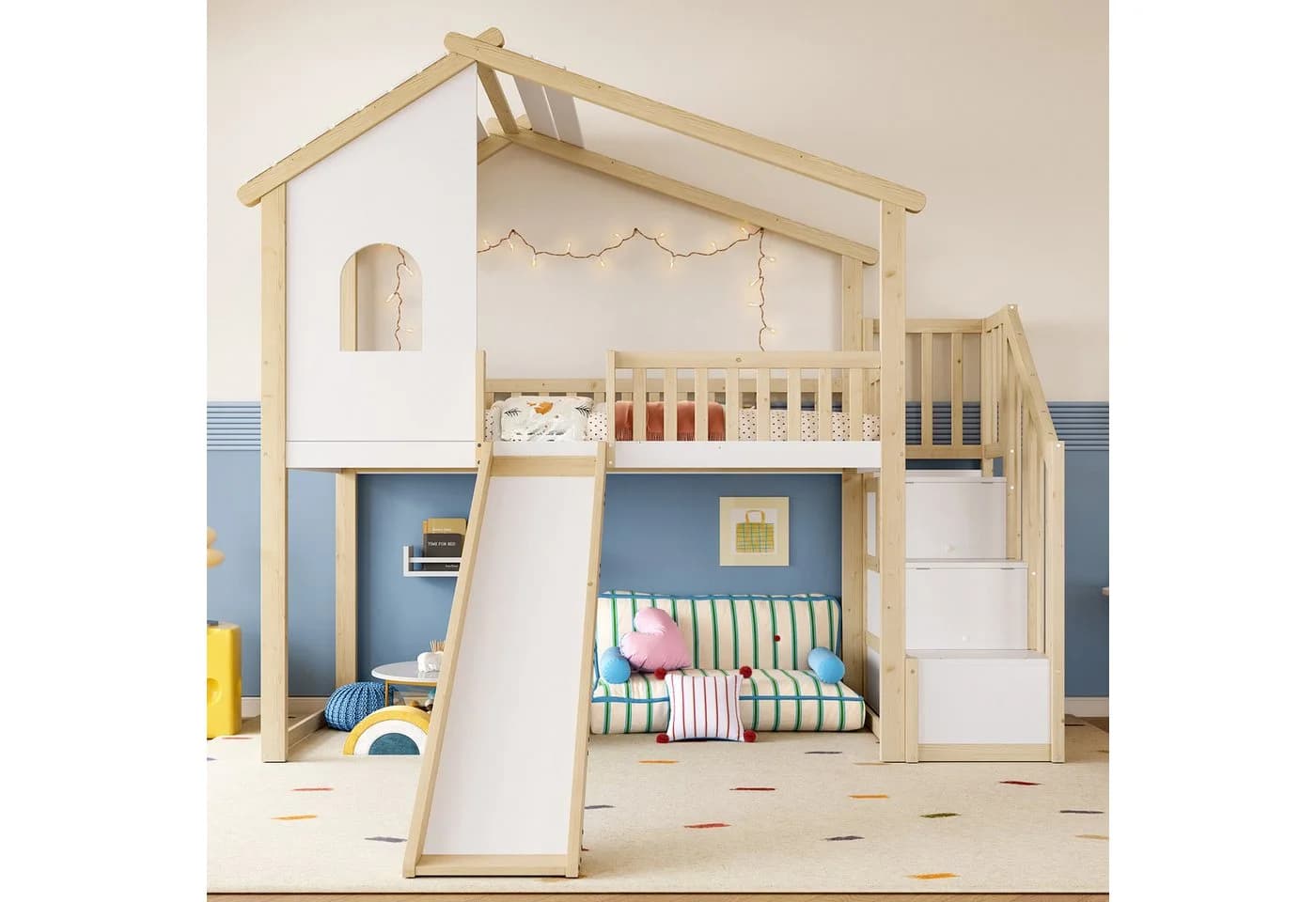 Etagenbett im Haus-Fenster-Design aus Kiefernholz und MDF