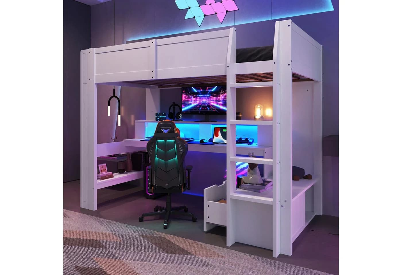 Flieks Hochbett Kinderbett mit LED, Schreibtisch und Stauraum - Bild 2