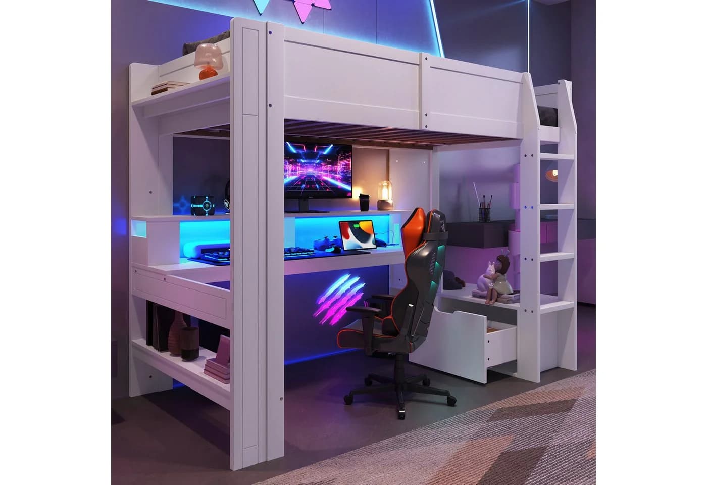Flieks Hochbett Kinderbett mit LED, Schreibtisch und Stauraum - Bild 3