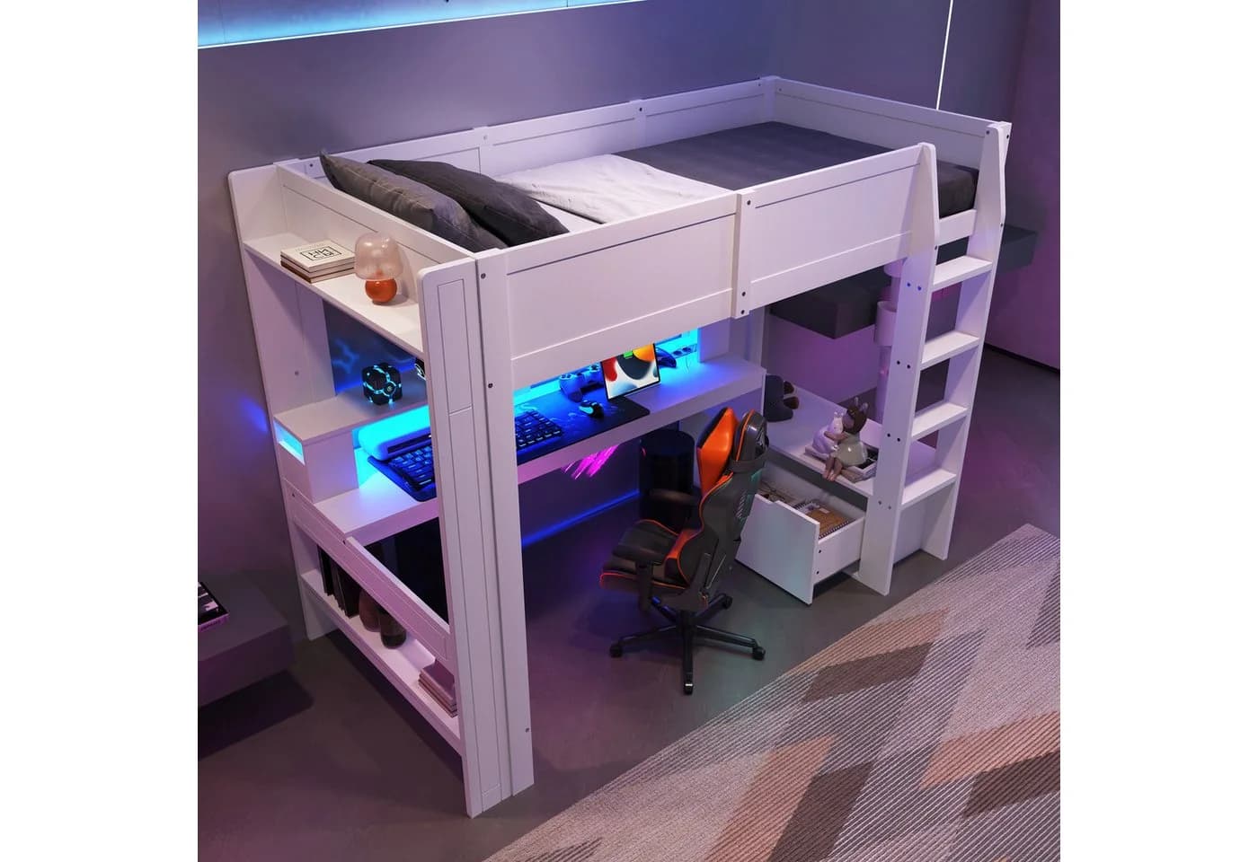 Flieks Hochbett Kinderbett mit LED, Schreibtisch und Stauraum - Bild 4