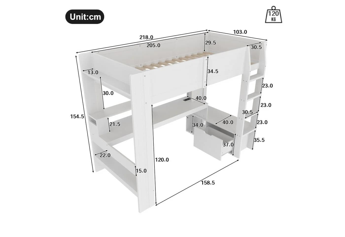 Flieks Hochbett Kinderbett mit LED, Schreibtisch und Stauraum - Bild 5