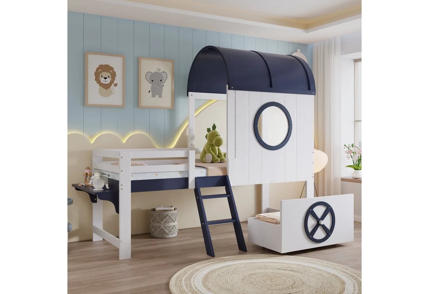 Flieks Hochbett Kinderbett 90x200cm mit Schiffselement und Schublade Weiß - Bild 2