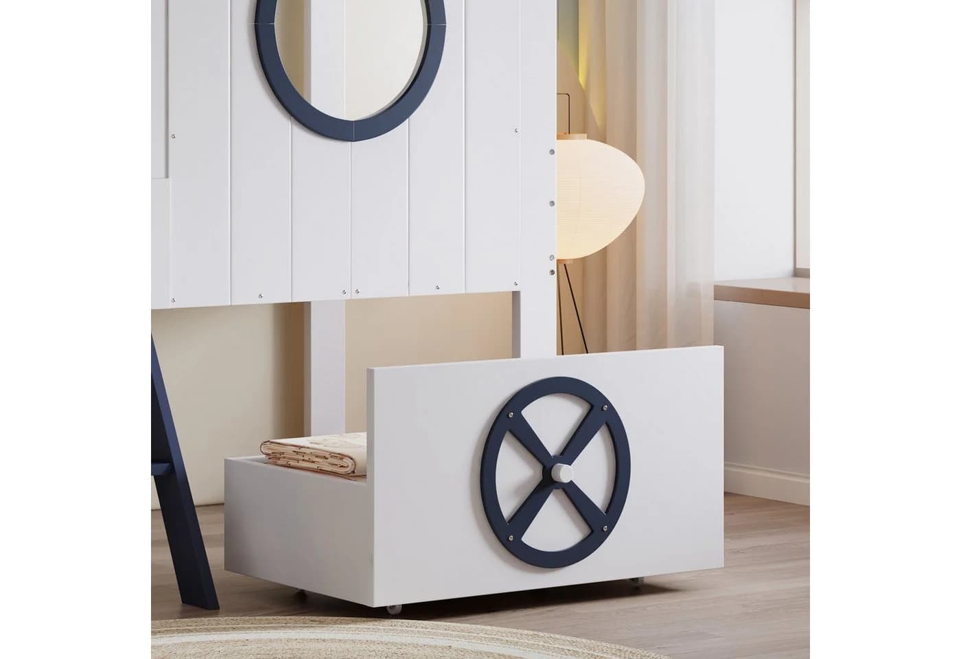 Flieks Hochbett Kinderbett 90x200cm mit Schiffselement und Schublade Weiß - Bild 4