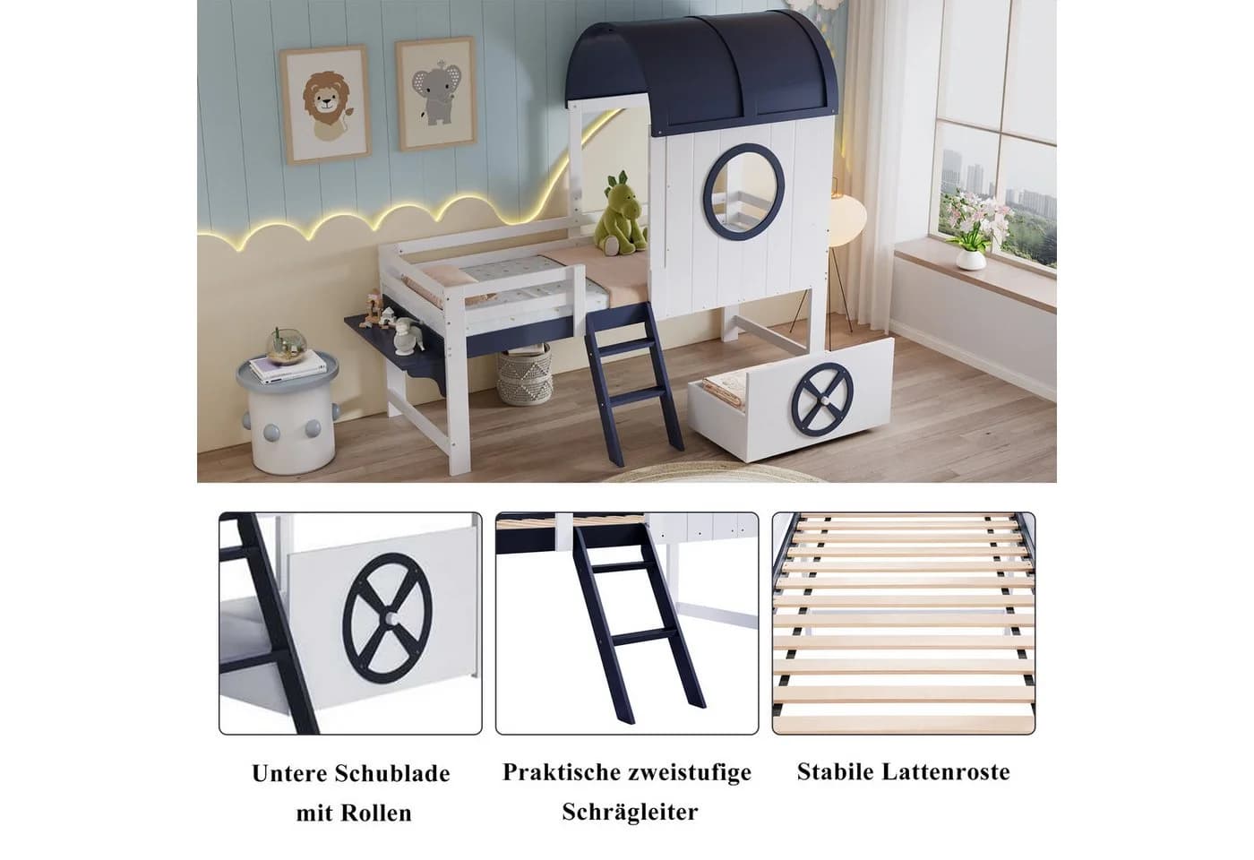 Flieks Hochbett Kinderbett 90x200cm mit Schiffselement und Schublade Weiß - Bild 5