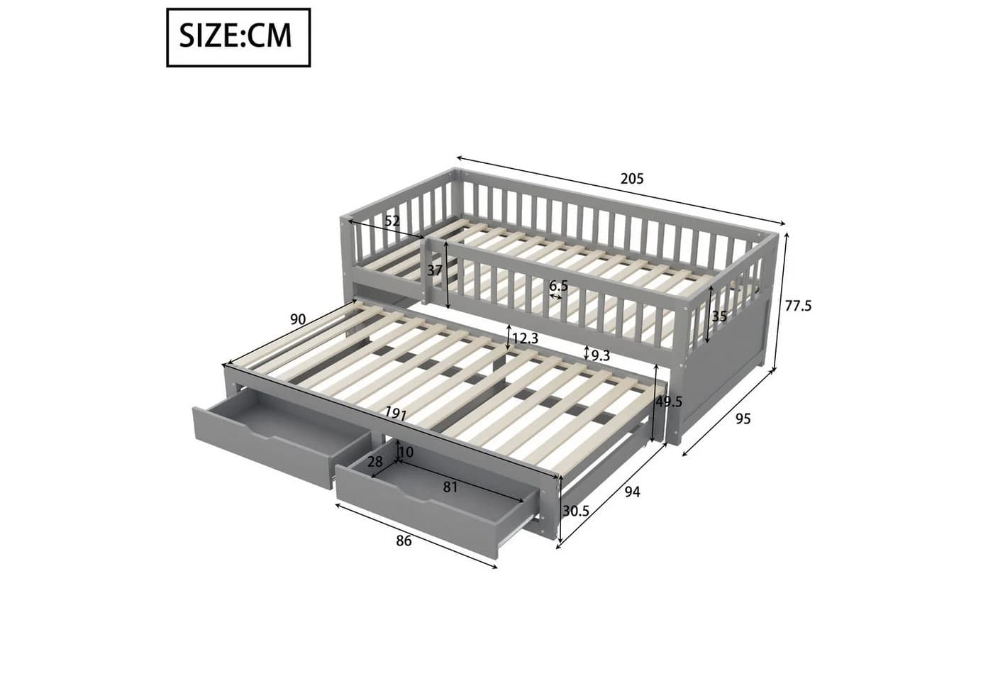 Flieks Kinderbett 90x200 cm mit Ausziehbett und 2 Schubladen - Bild 4