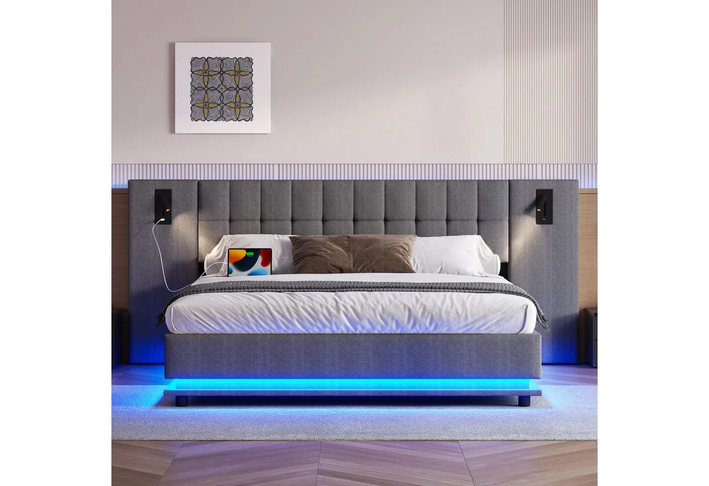 Flieks Polsterbett Grau mit LED, Leselampe und USB - Bild 3