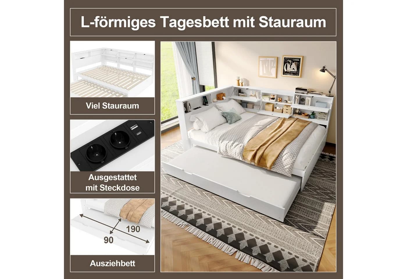Flieks Daybett Weiß mit Ausziehbett und Stauraum - Bild 5
