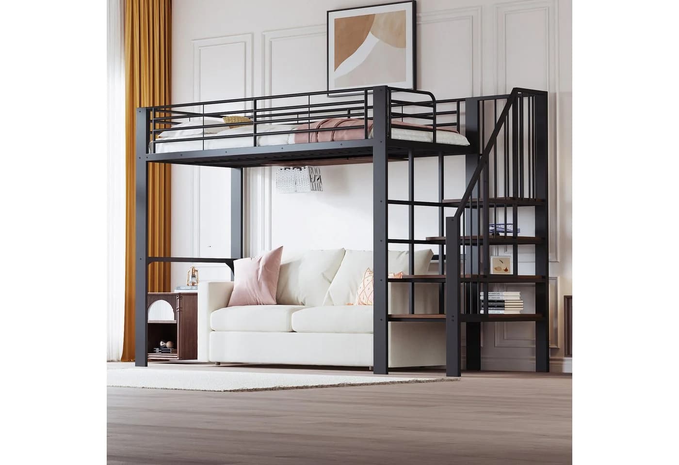 Flieks Hochbett Metallbett Kinderbett 90x200cm mit Stauraum und Treppe - Bild 4