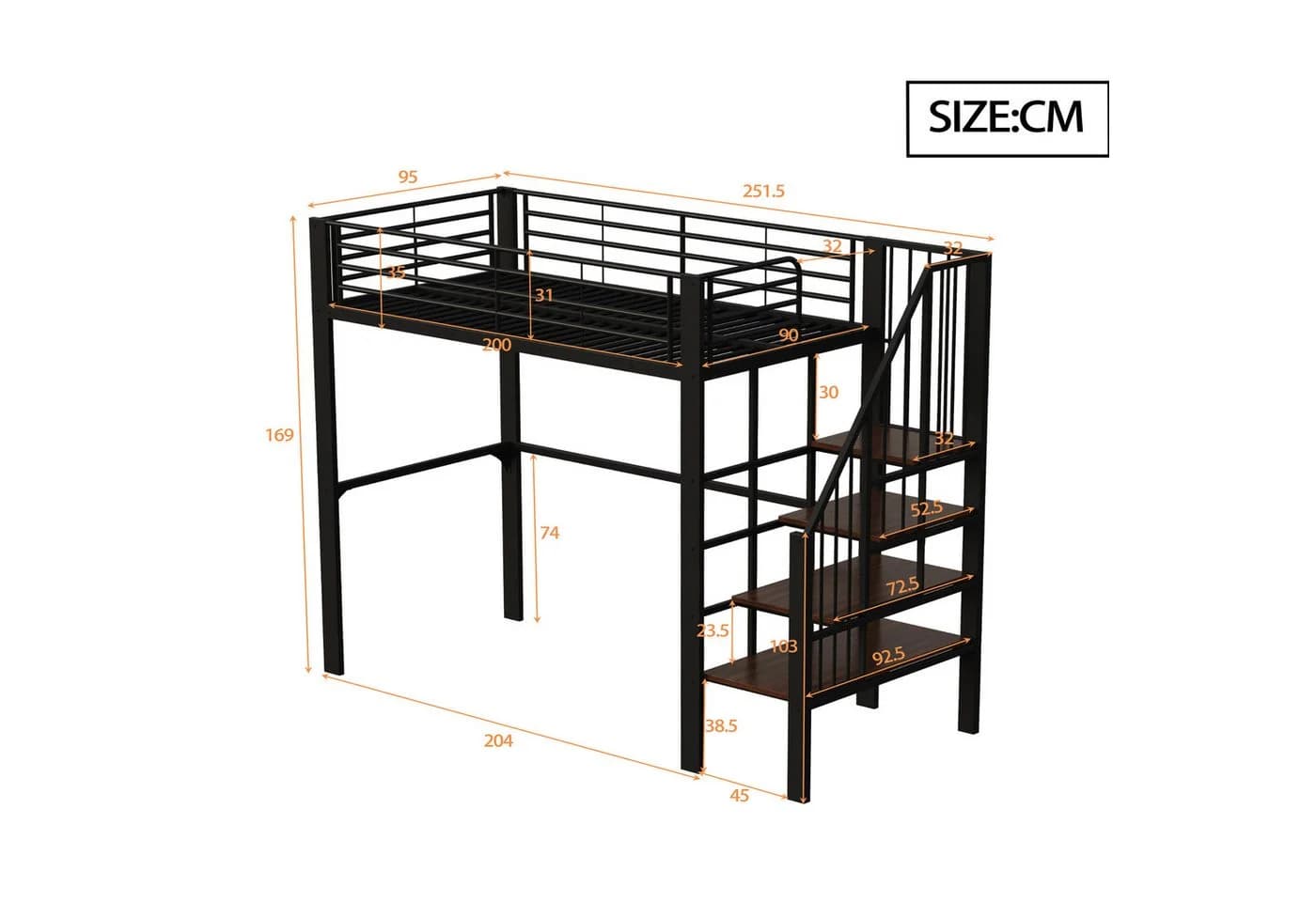 Flieks Hochbett Metallbett Kinderbett 90x200cm mit Stauraum und Treppe - Bild 5