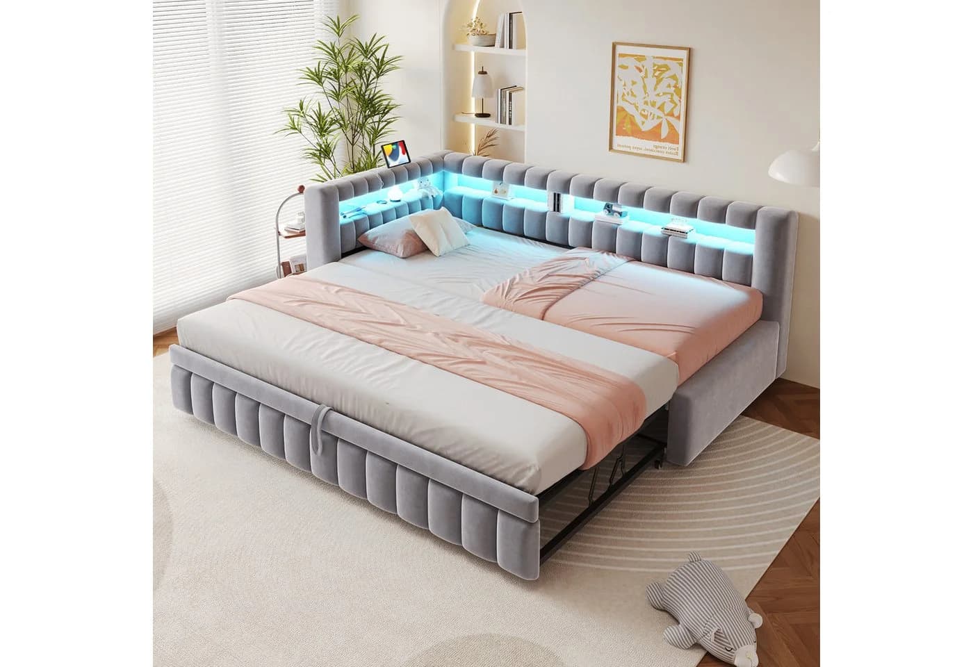Flieks Daybett Polsterbett Schlafsofa mit Ausziehbett 90/180x200cm mit LED & Aufladen - Bild 2