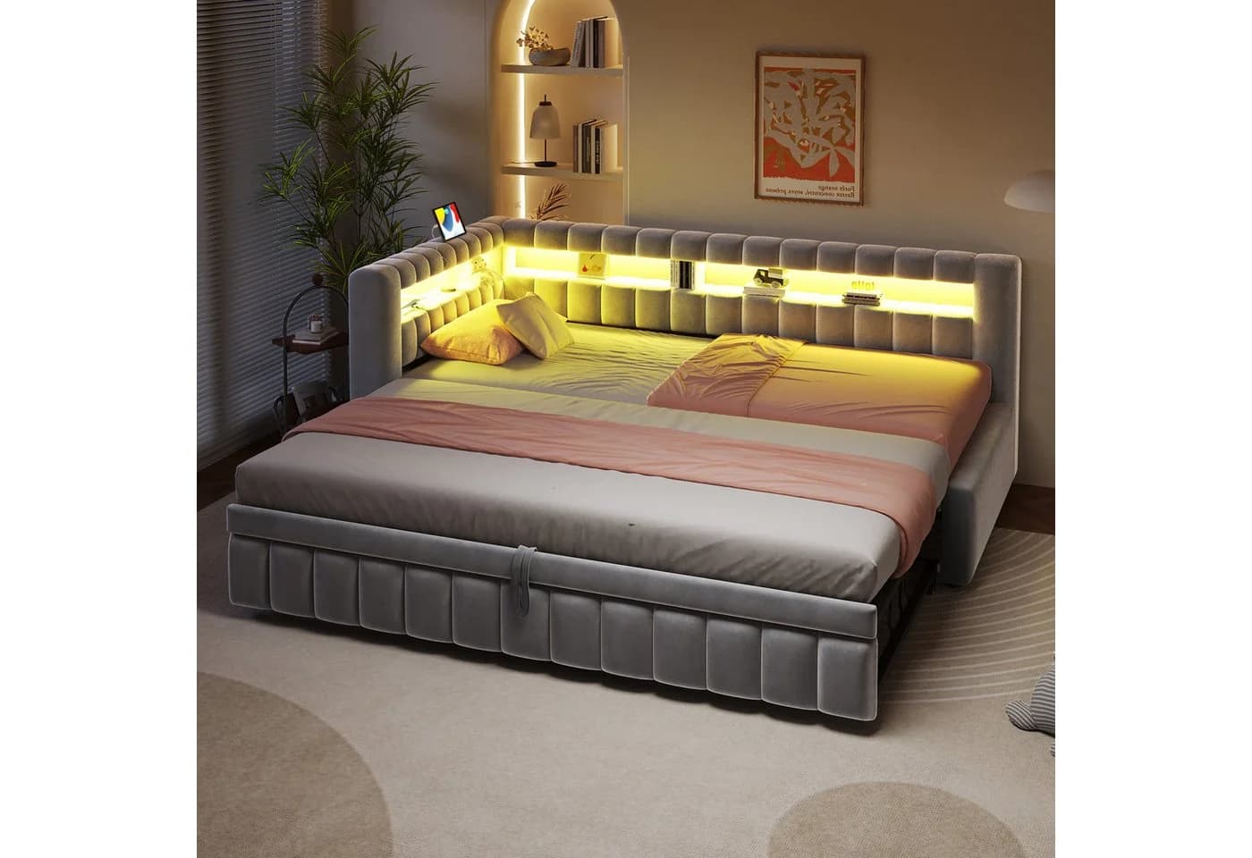 Flieks Daybett Polsterbett Schlafsofa mit Ausziehbett 90/180x200cm mit LED & Aufladen - Bild 4