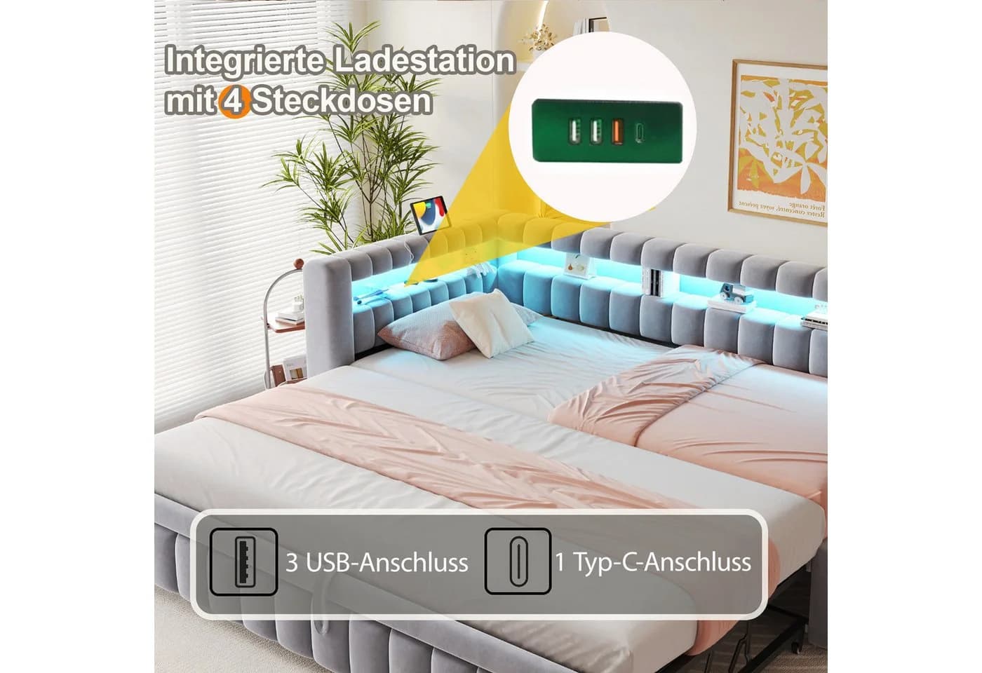 Flieks Daybett Polsterbett Schlafsofa mit Ausziehbett 90/180x200cm mit LED & Aufladen - Bild 5